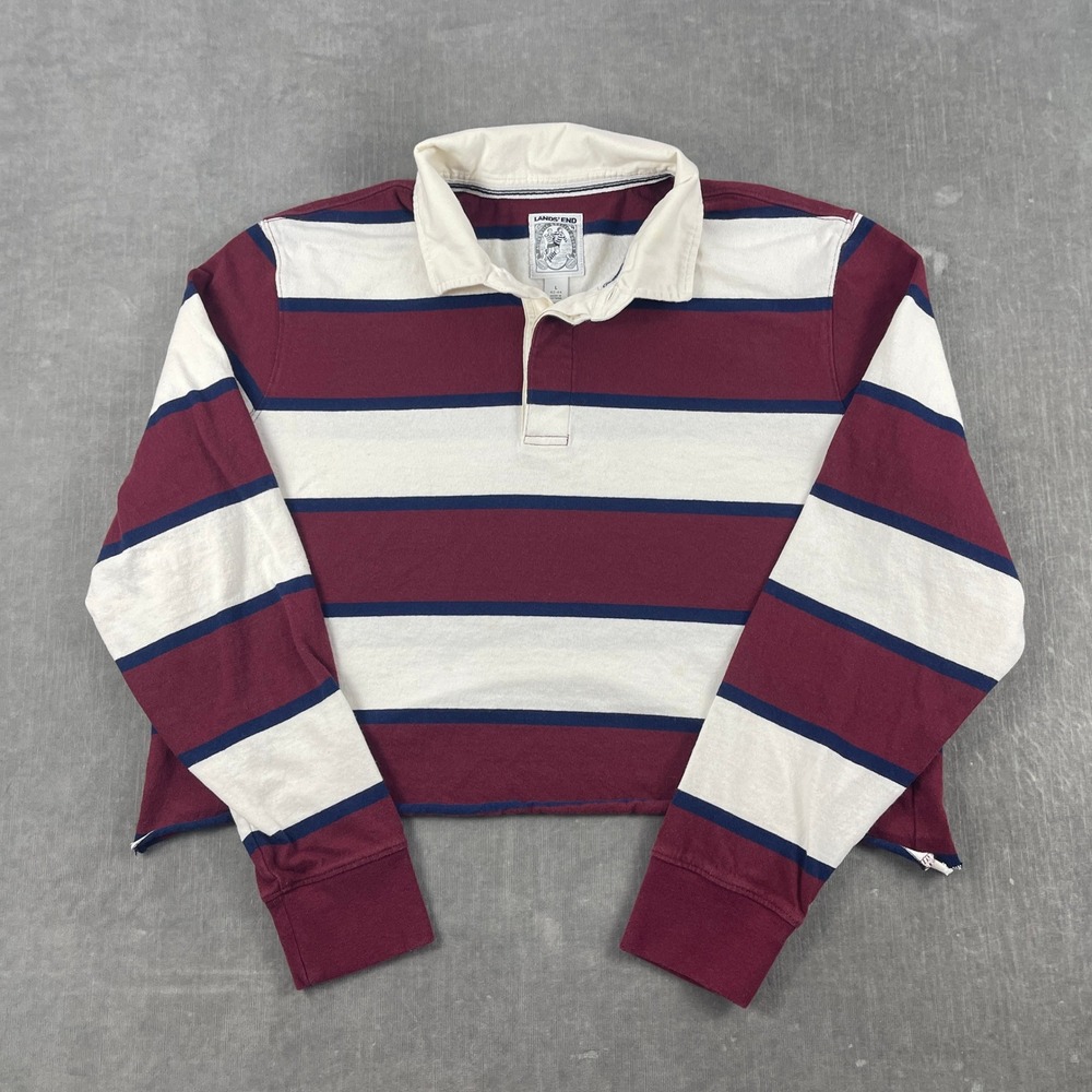 Lands End Women Large Maroon Striped Rugby Shirt Cropped Raw Hem